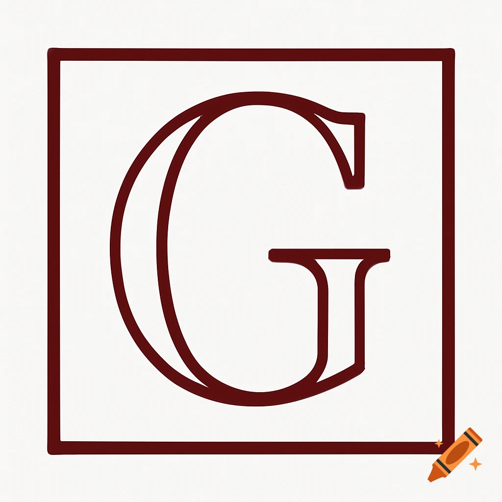 Dark red outline of the letter G in a square frame.