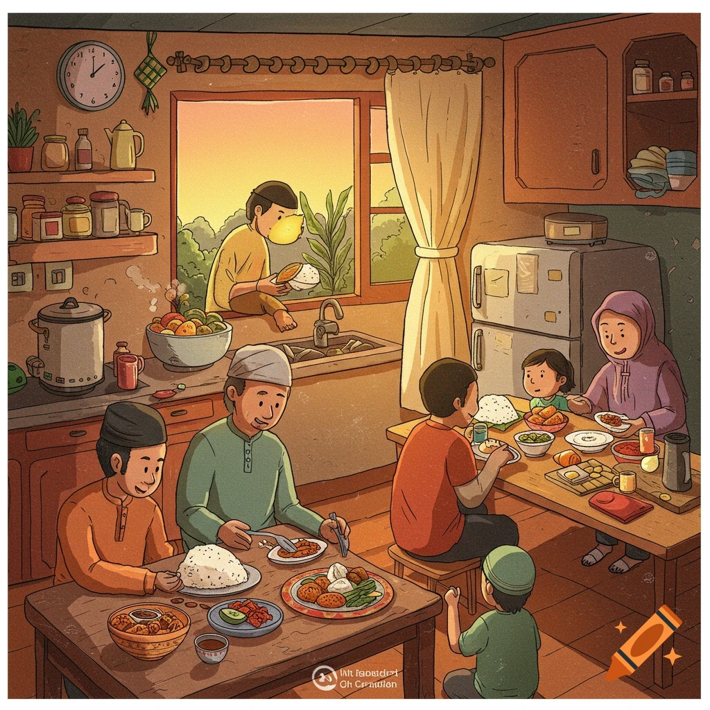 A family eats together around tables in a kitchen.