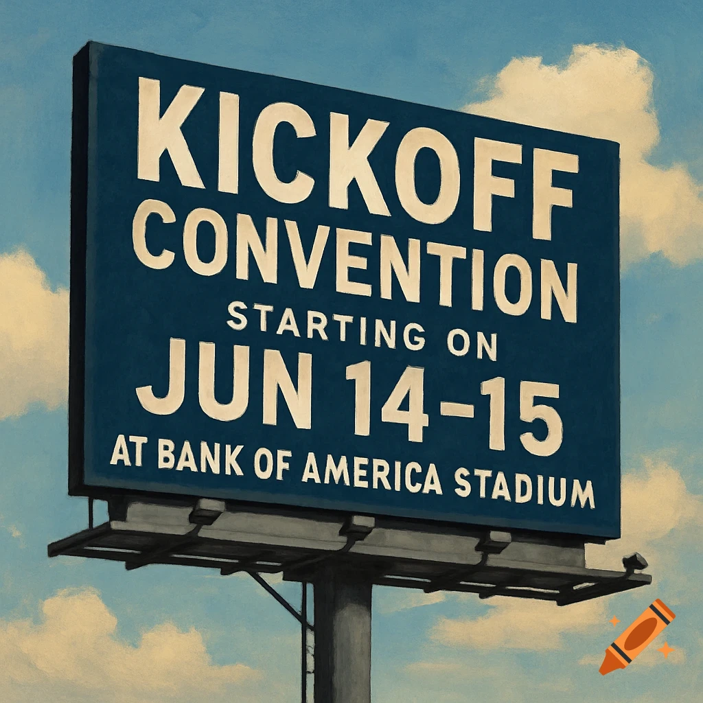 A blue billboard with text reading 'Kickoff Convention starting on Jun 14-15 at Bank of America Stadium' against a cloudy sky.