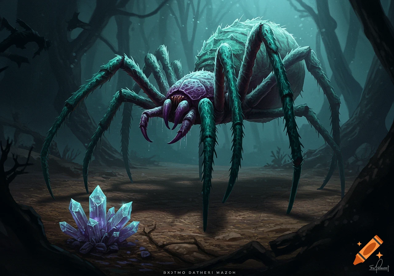 A large fantasy spider stands over glowing crystals in a dark, spooky forest.