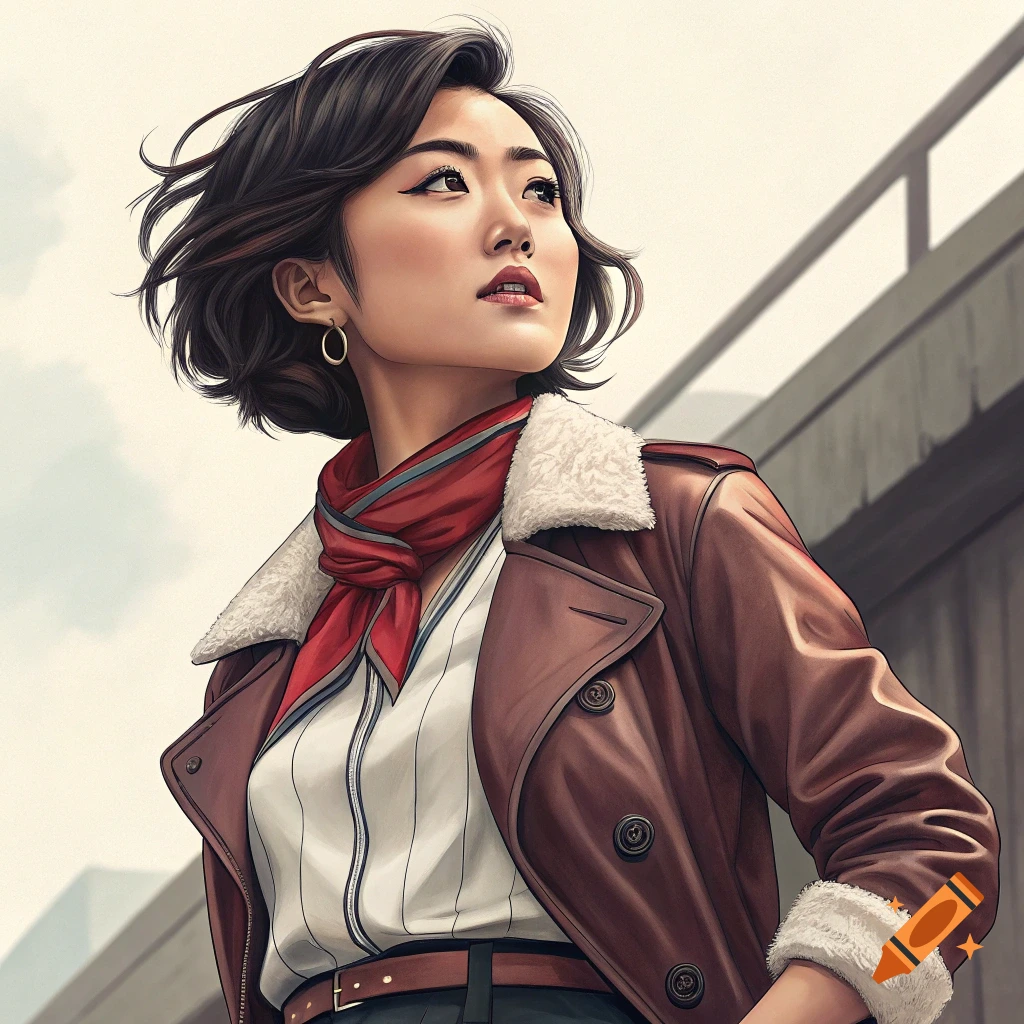 Illustrative portrait of a woman in a brown leather jacket and red scarf looking up.