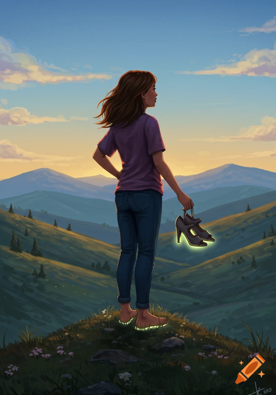 A barefoot woman is holding heels on a hilltop at sunset overlooking mountains.