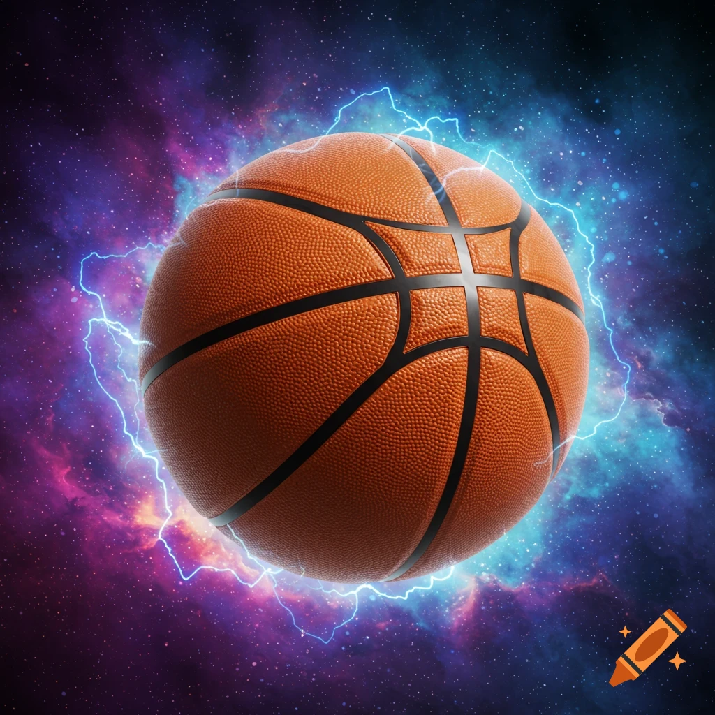 Basketball surrounded by blue lightning in a purple and blue cosmic background.