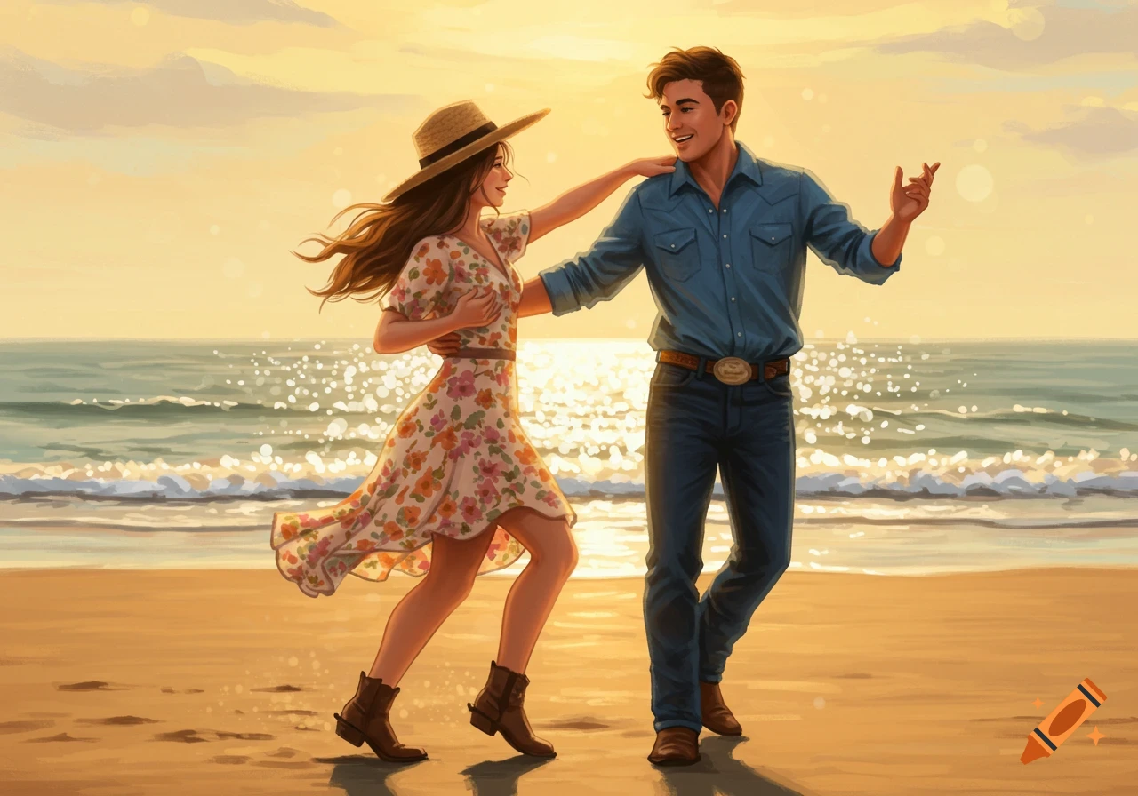 A couple country dancing on a beach at sunset.