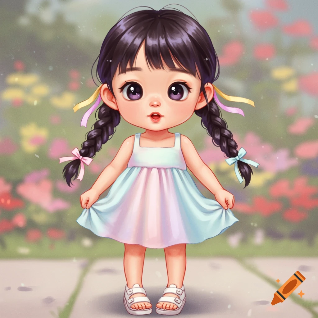 Cute girl with braided hair, ribbons, pastel dress, and sandals in a garden.