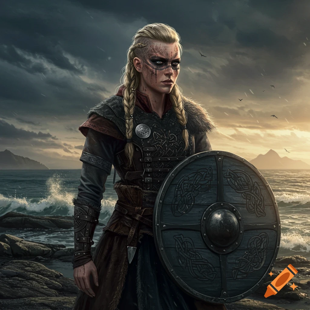 A female Viking warrior stands holding a shield on a stormy, rocky shore.