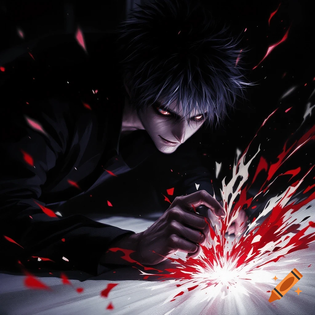 Dark-haired anime character with red eyes leans over a surface with glowing red splatter.