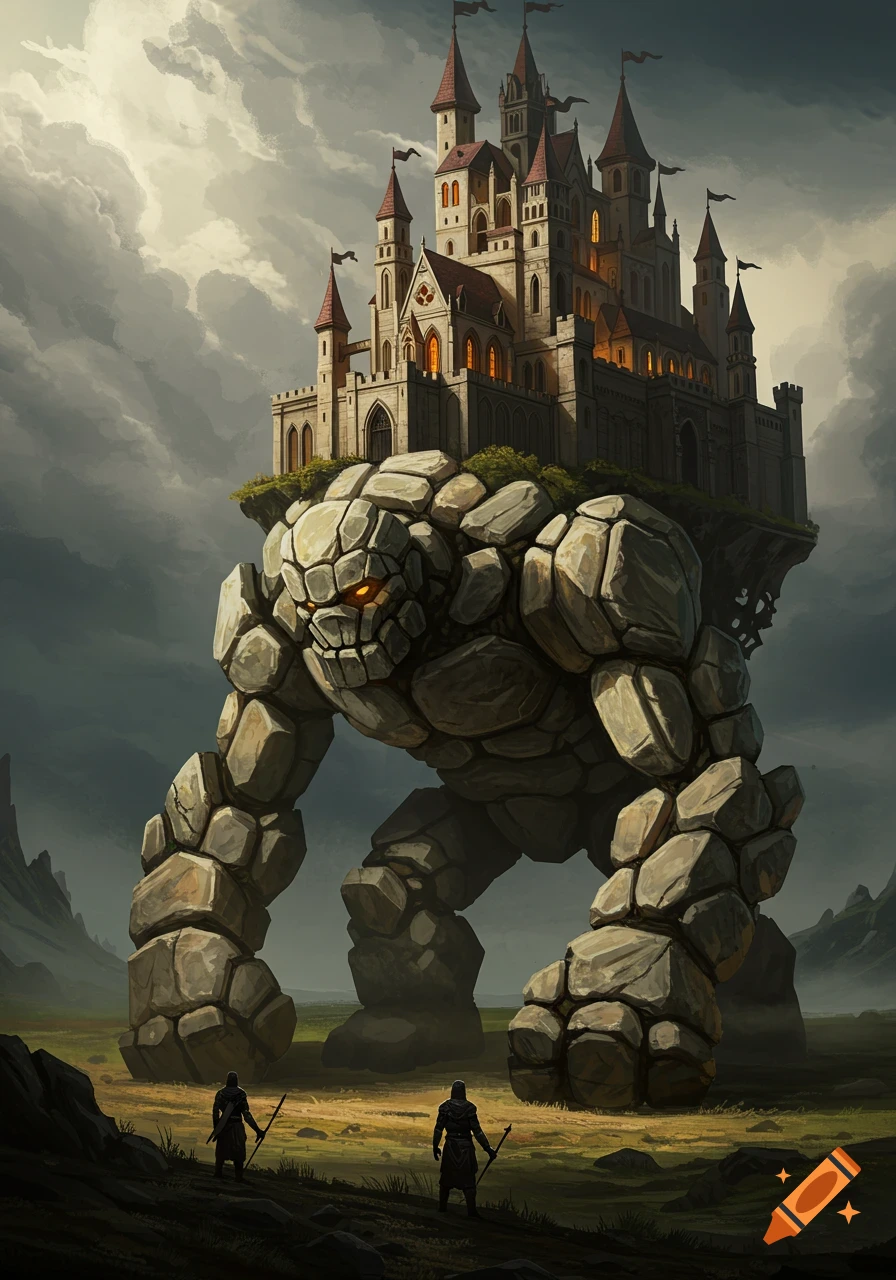 A massive stone golem carrying a large castle on its back, with two small figures below.