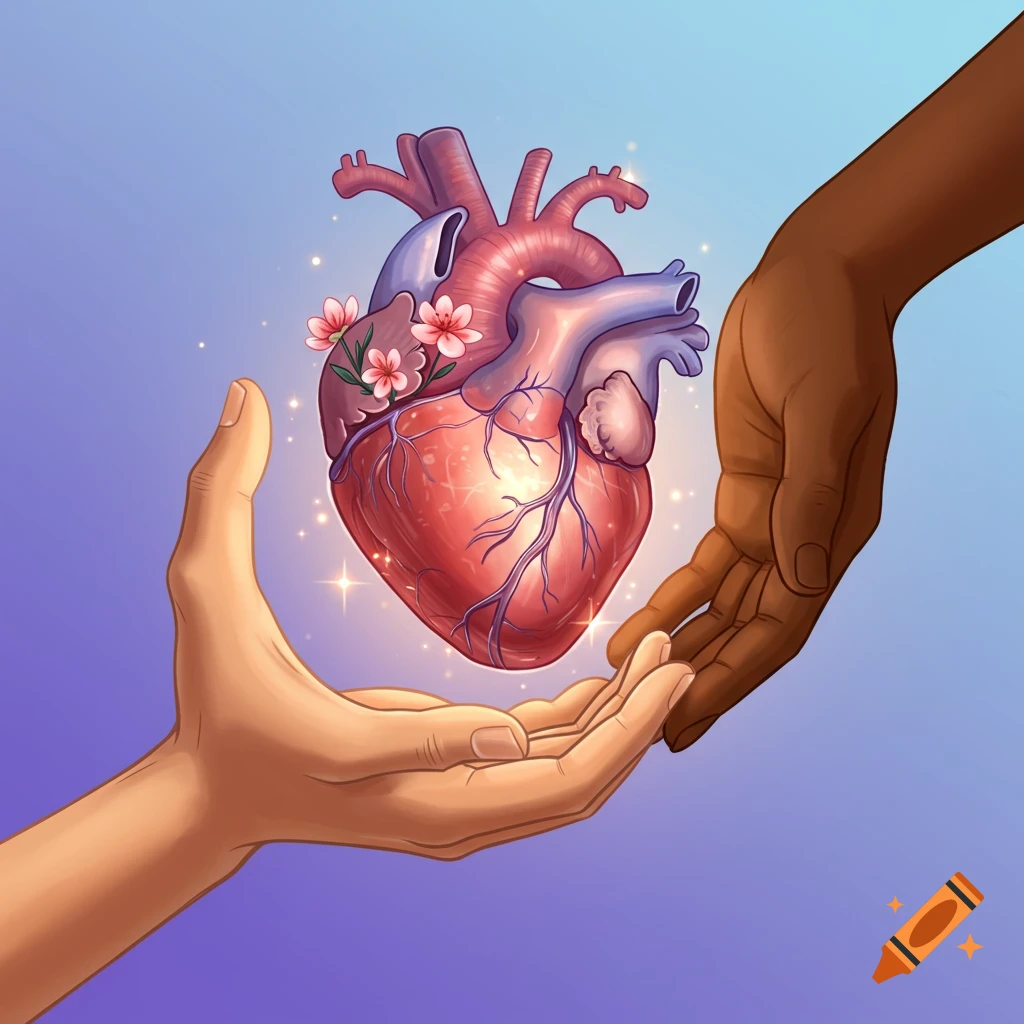 Two diverse hands hold a stylized anatomical heart with flowers.