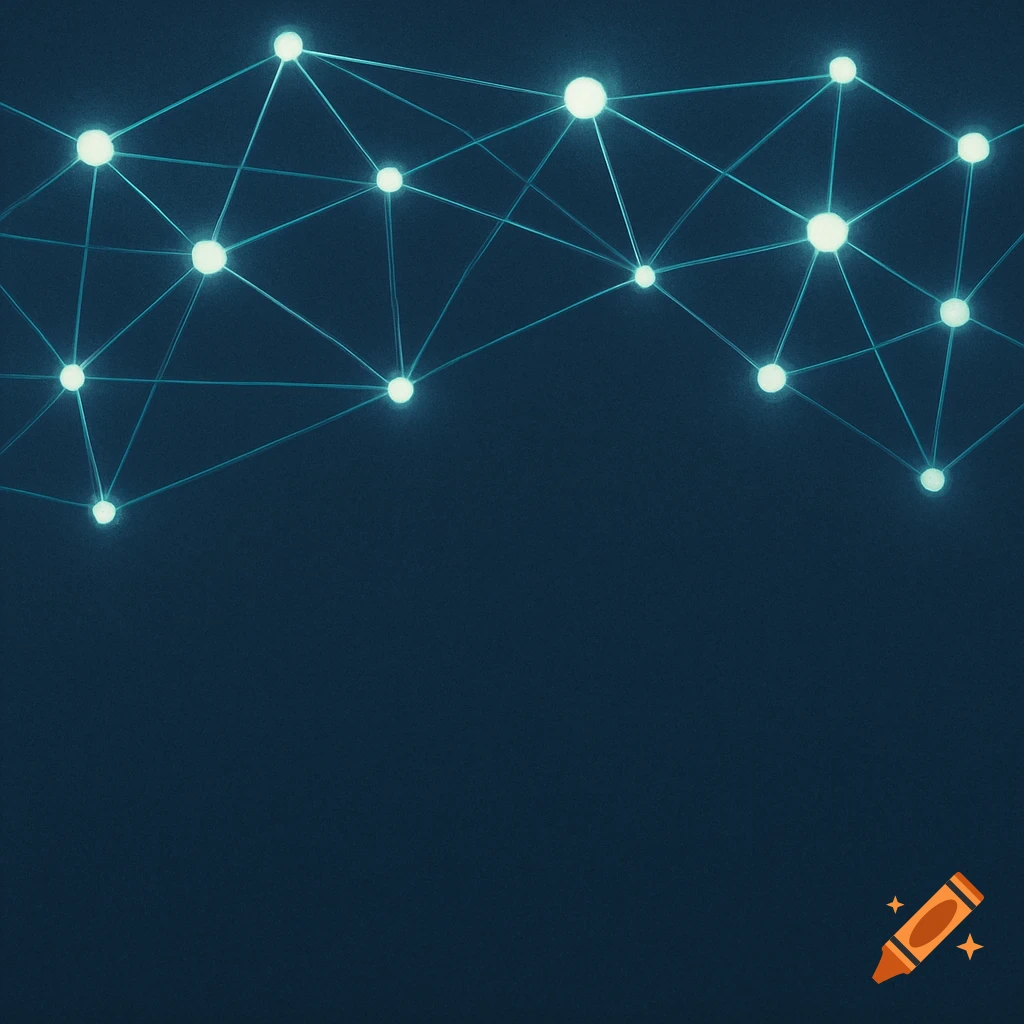 Abstract digital network of glowing blue nodes and lines on a dark blue background.
