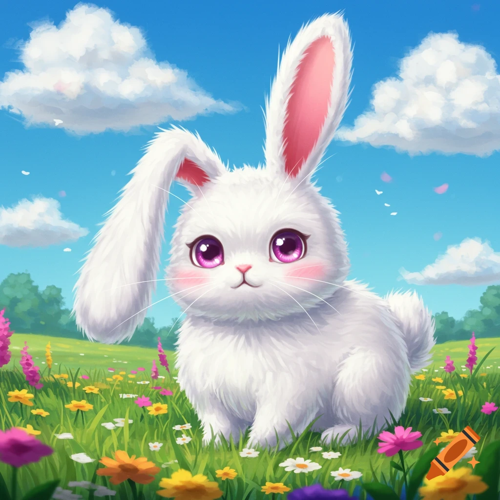 Fluffy white bunny with big pink eyes in a field of colorful flowers