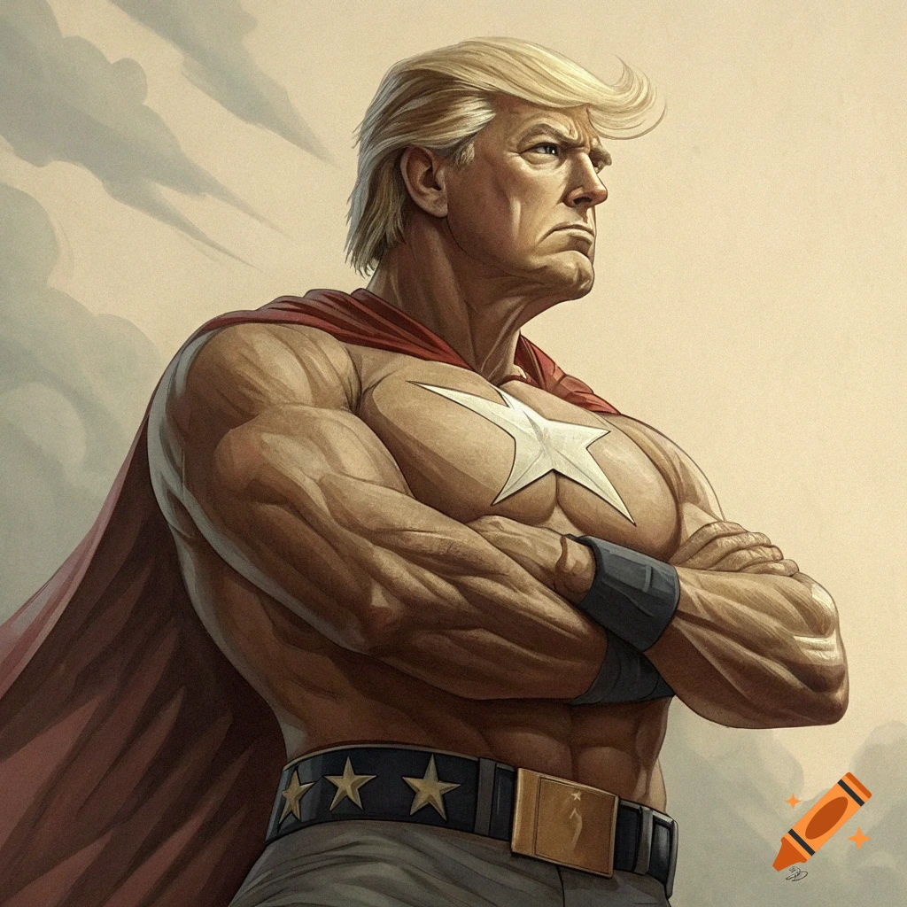 Muscular man resembling Donald Trump in a superhero costume with a red cape and chest star, arms crossed.