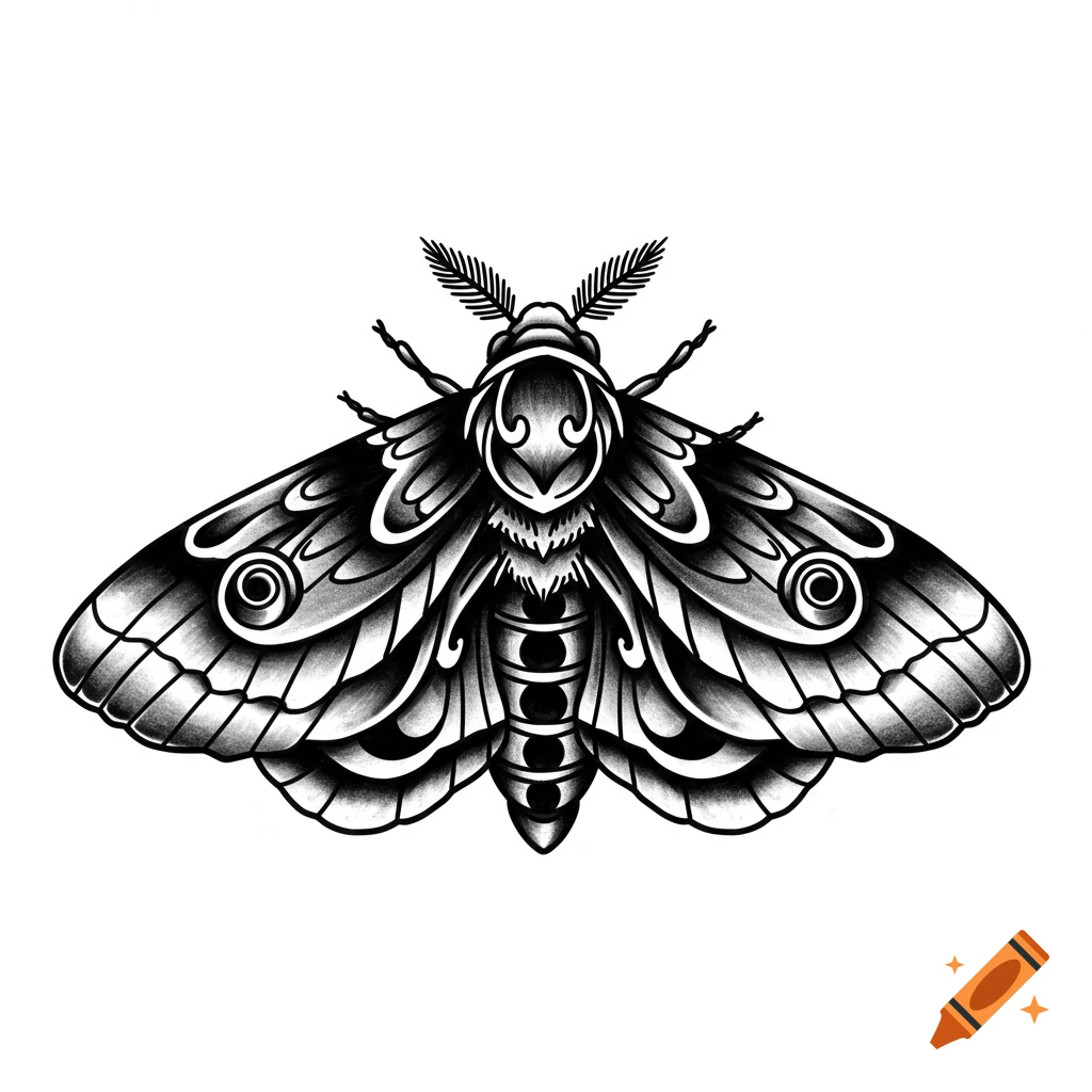 Black and white ink drawing of a moth in a tattoo style