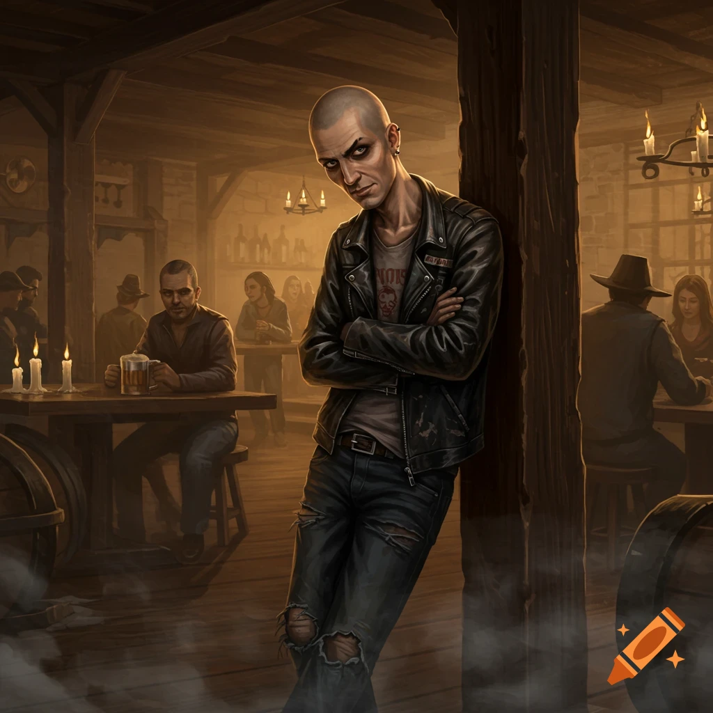 A skinny man in a leather jacket is leaning in a dimly lit tavern.