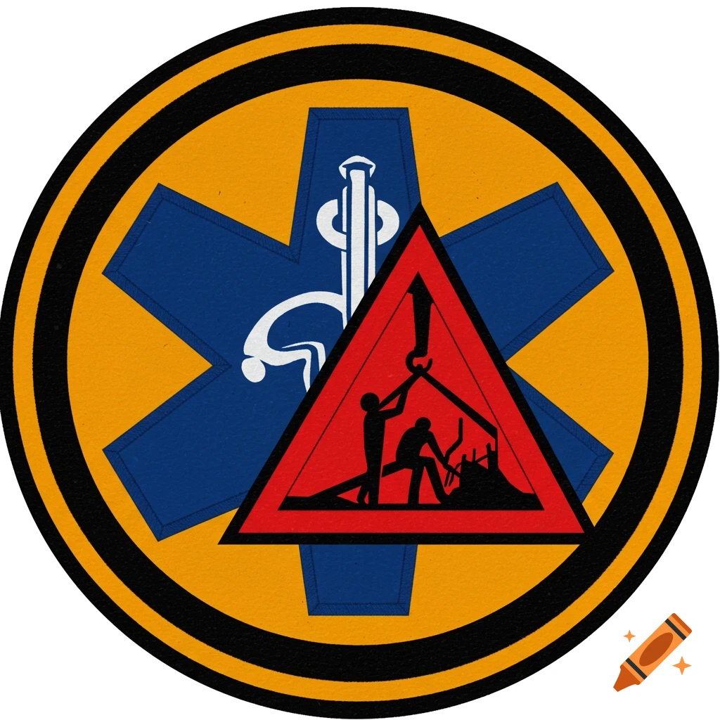 A circular patch symbol with a blue Star of Life, a red rescue triangle with figures, and orange/black rings.