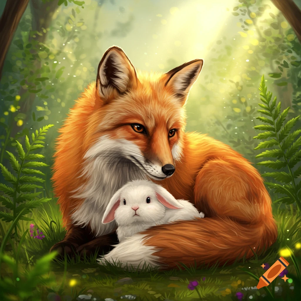 A fox and a white bunny sitting together in a forest clearing.