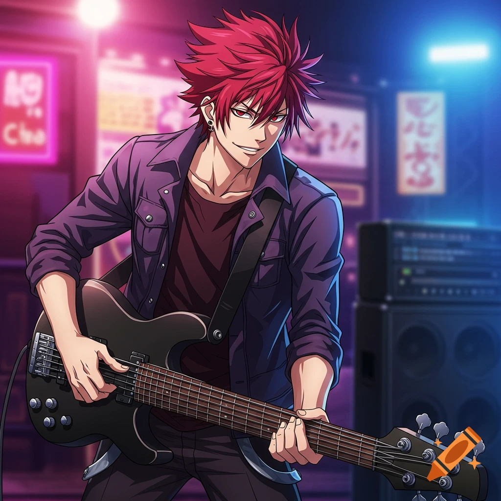 Anime male with red spiky hair playing a bass guitar in an urban setting with neon lights.