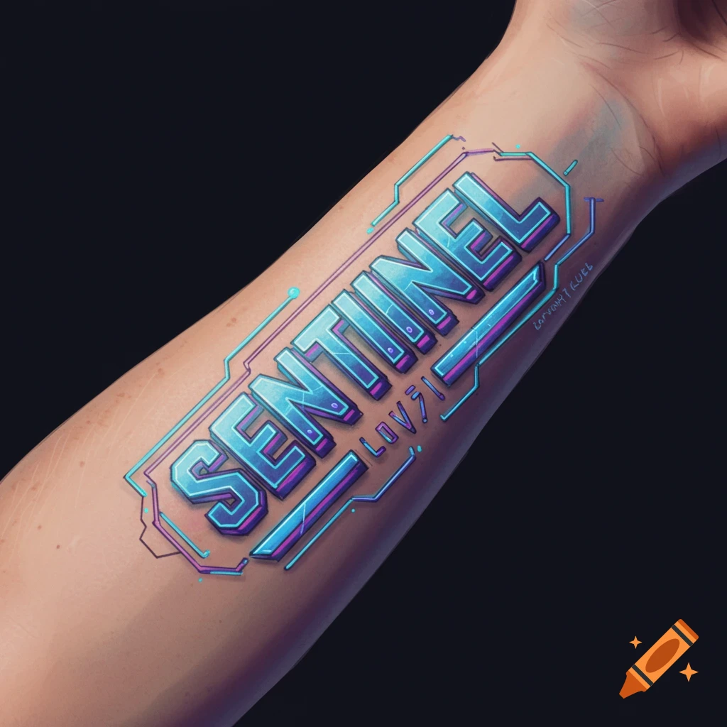 A futuristic blue and purple tattoo on an arm that reads SENTINEL