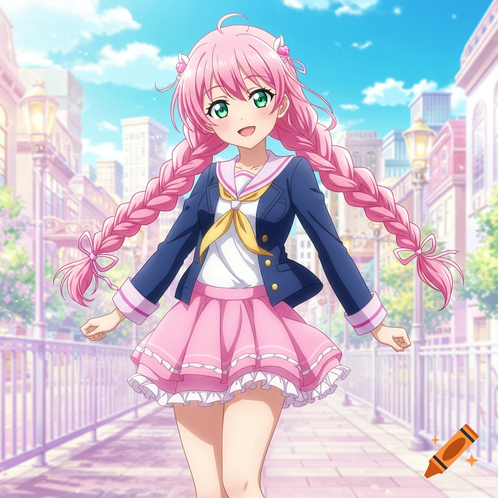Anime girl with pink braided hair in a school uniform stands on a city ...