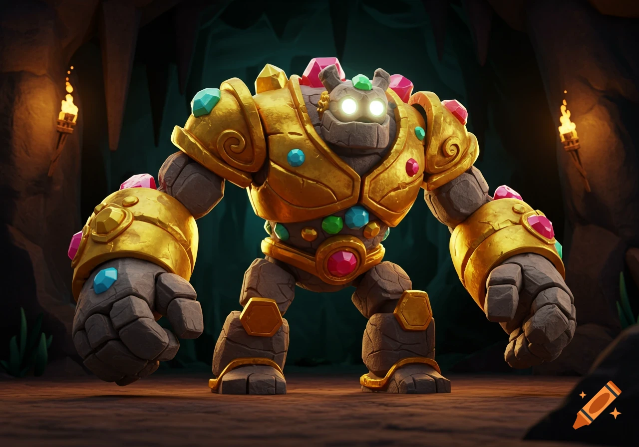 Animated treasure golem made of rock and gold, adorned with gems, stands in a cave.