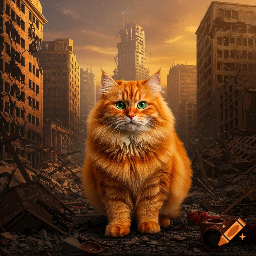 A large orange cat sits in a ruined city under an orange sky.
