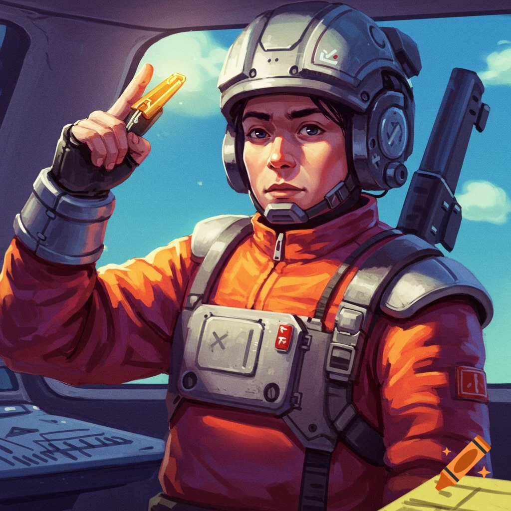 A person in an orange flight suit and helmet gives a peace sign from inside a cockpit.