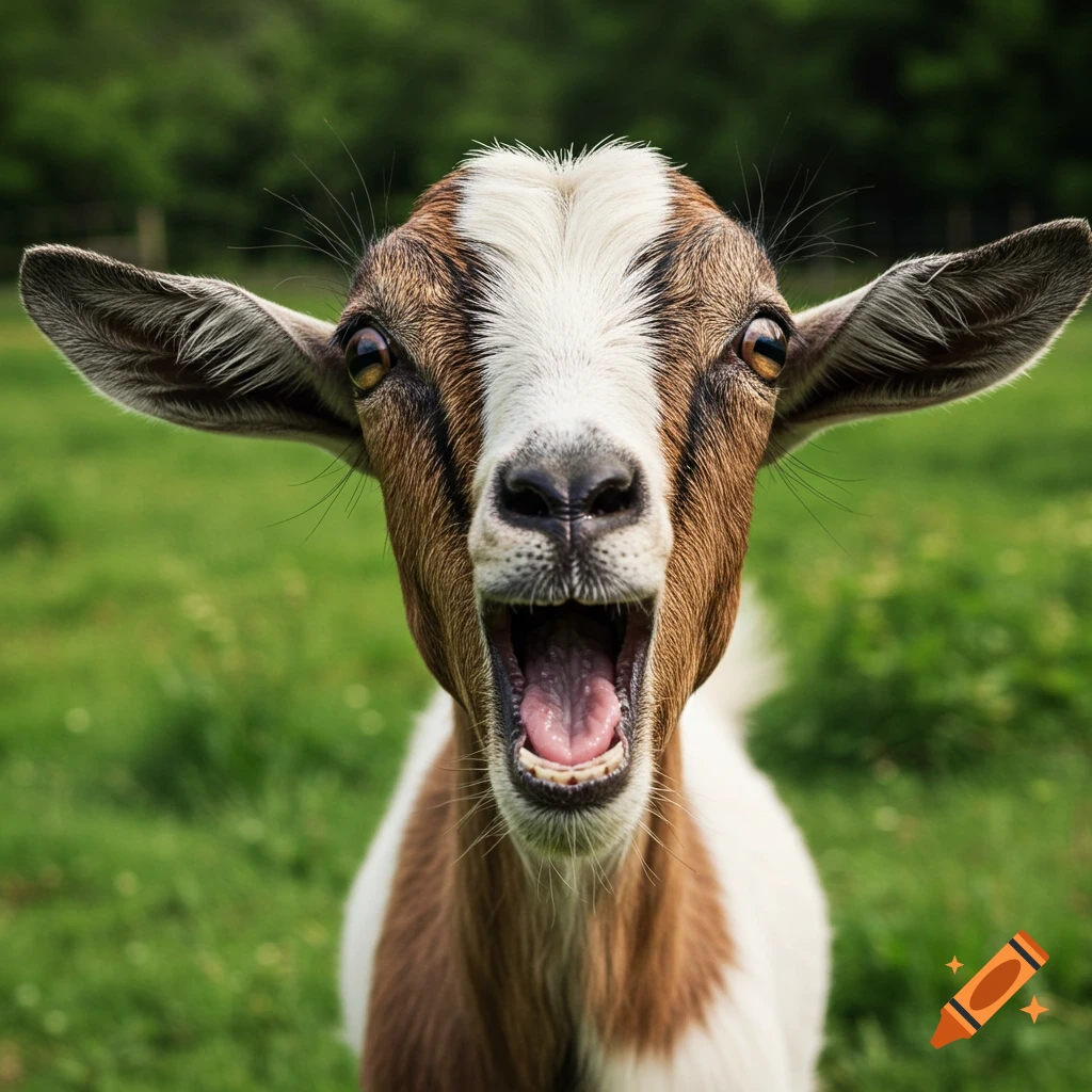 Close-up photo of a goat with its mouth wide open, appearing to scream.