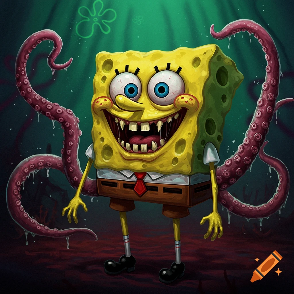 Creepy Spongebob with sharp teeth and tentacles in a dark setting.