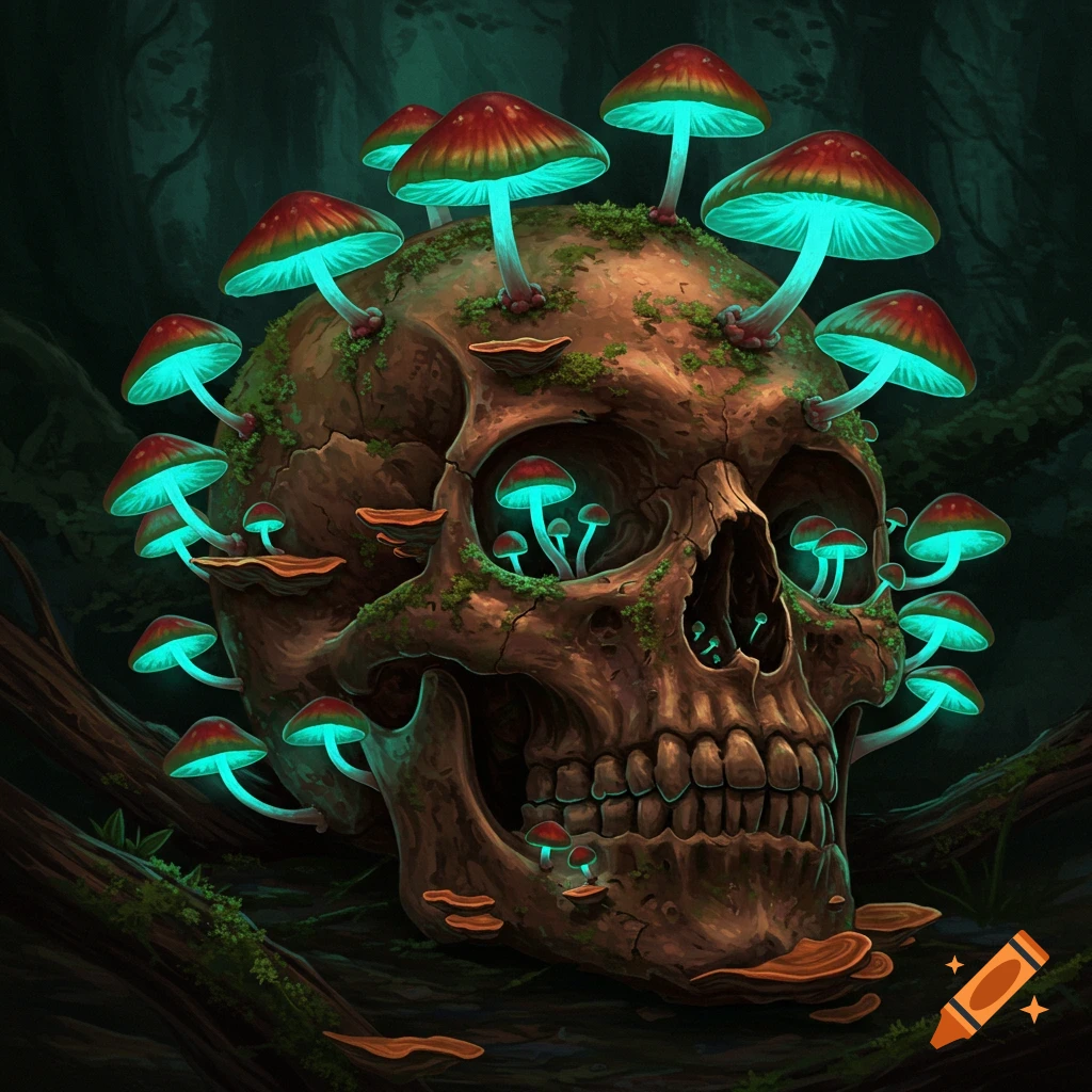 A mossy skull covered in glowing mushrooms sits in a dark forest.