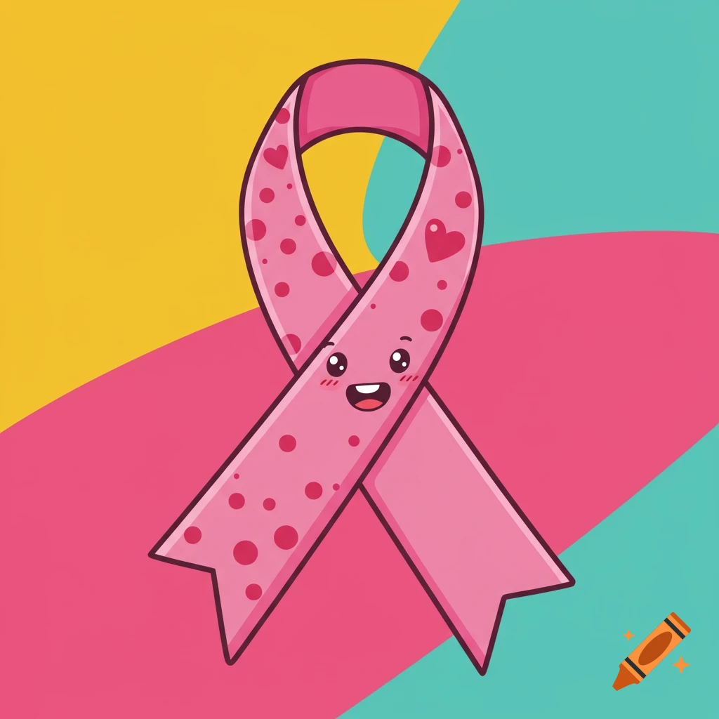 A cute cartoon pink breast cancer awareness ribbon with a face, polka dots, and hearts, on a colorful background.