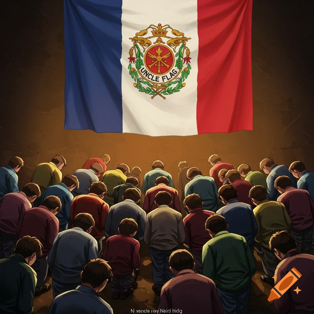 A crowd of people bowing before a large flag with a circular emblem reading "UNCLE FLAG".