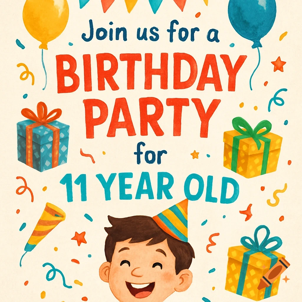 Watercolor birthday party invitation illustration with text, balloons, gifts, and a boy.
