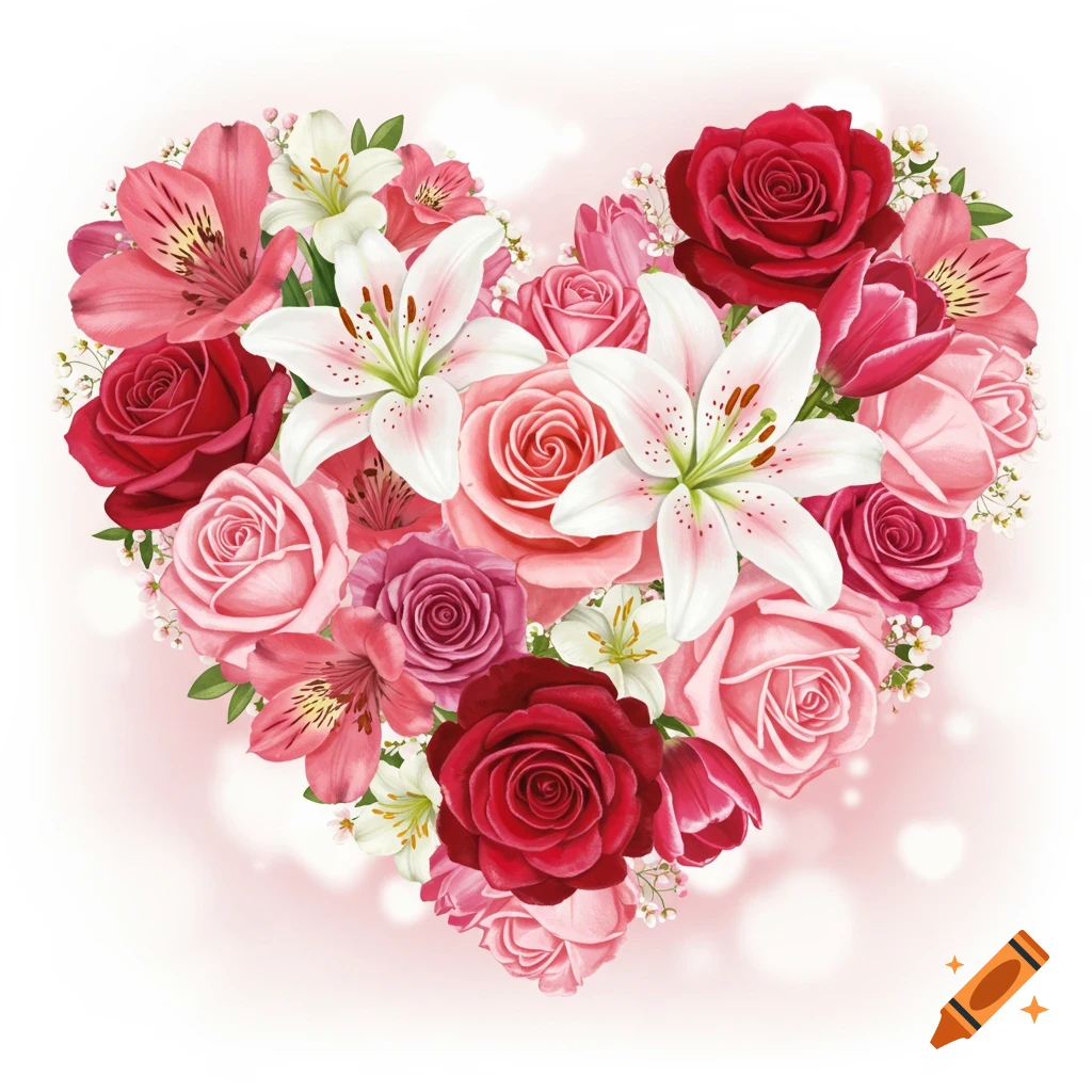 A heart shape made from pink and red roses and white lilies