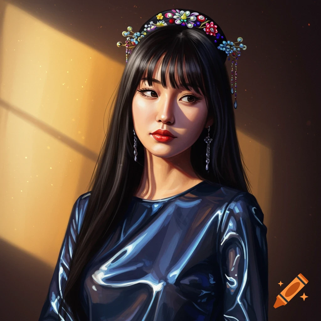 A woman with long dark hair, floral headpiece, and shiny blue top.