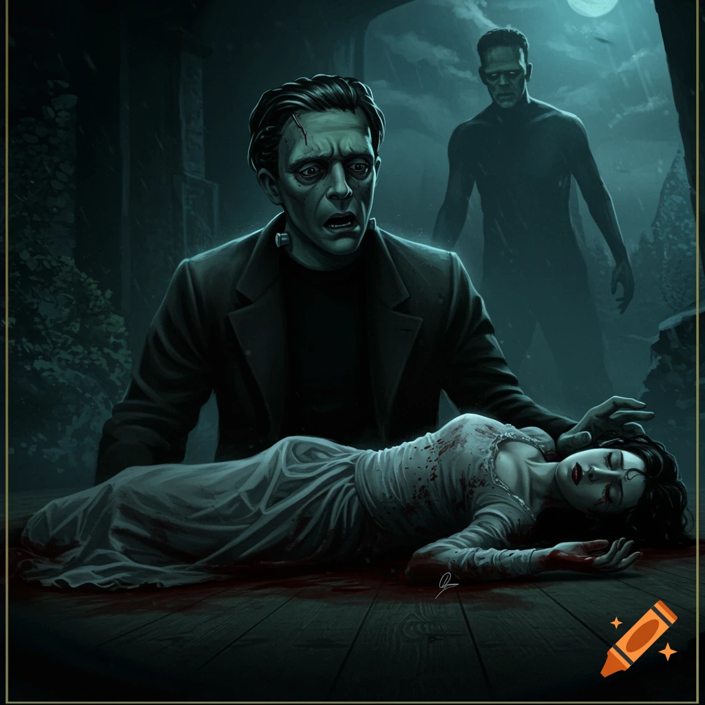 Victor Frankenstein kneels over the bloody body of Elizabeth, as the Monster looms in the background.