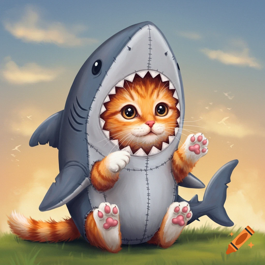 Cute orange tabby cat kitten in a shark costume.