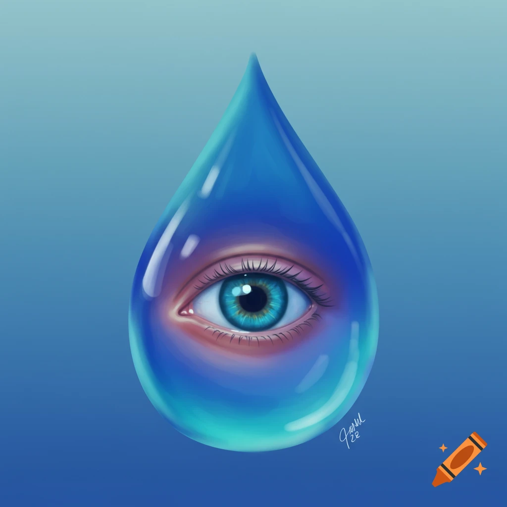 A blue water droplet with a human eye inside.