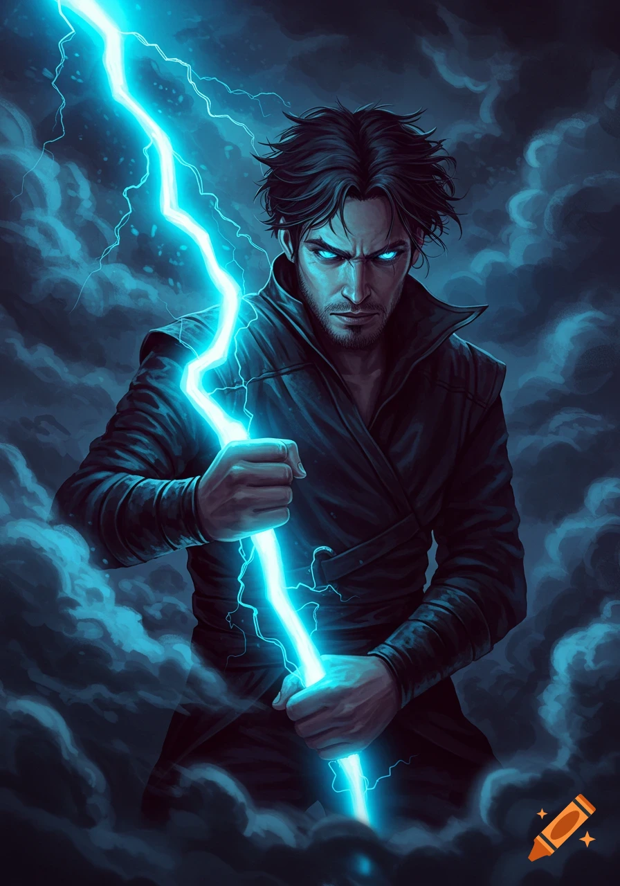 A man holding a bolt of lightning.