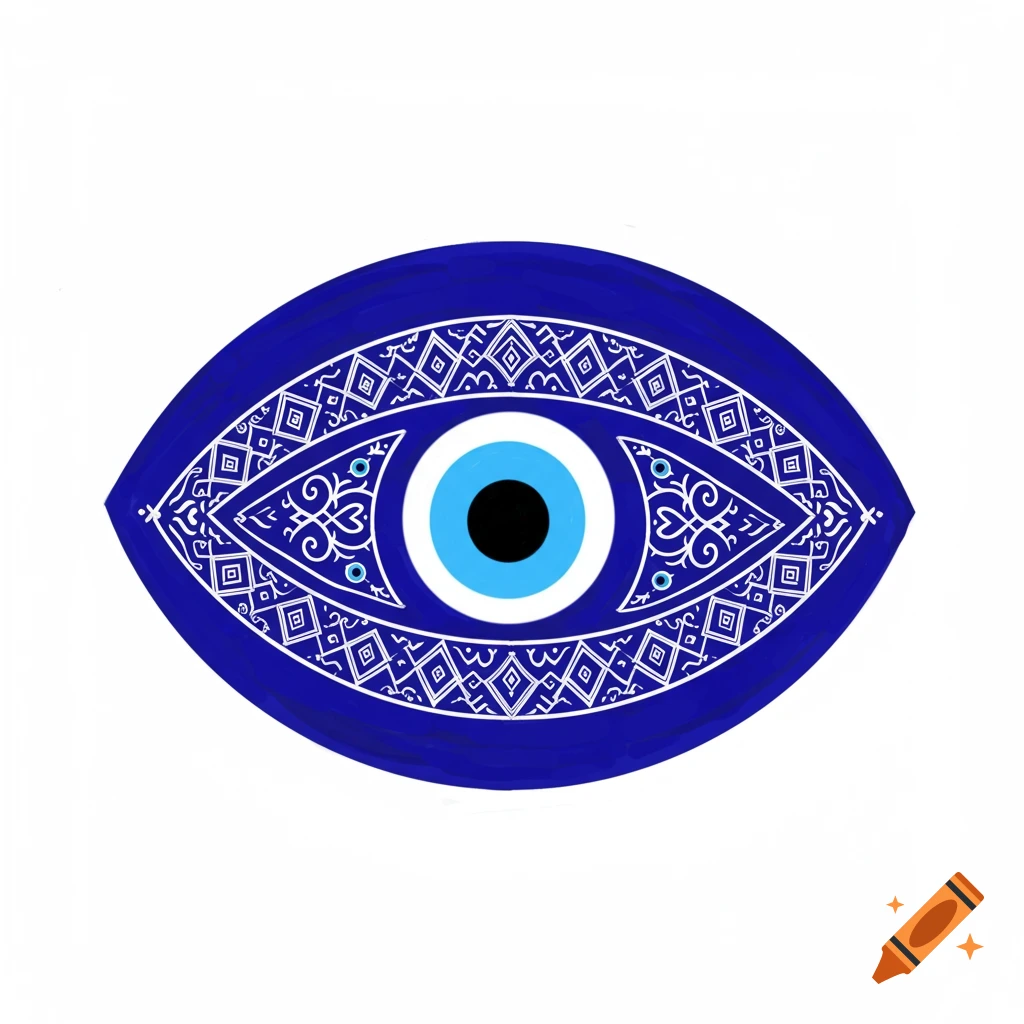 A graphic illustration of a blue and white Nazar amulet eye on a white background.