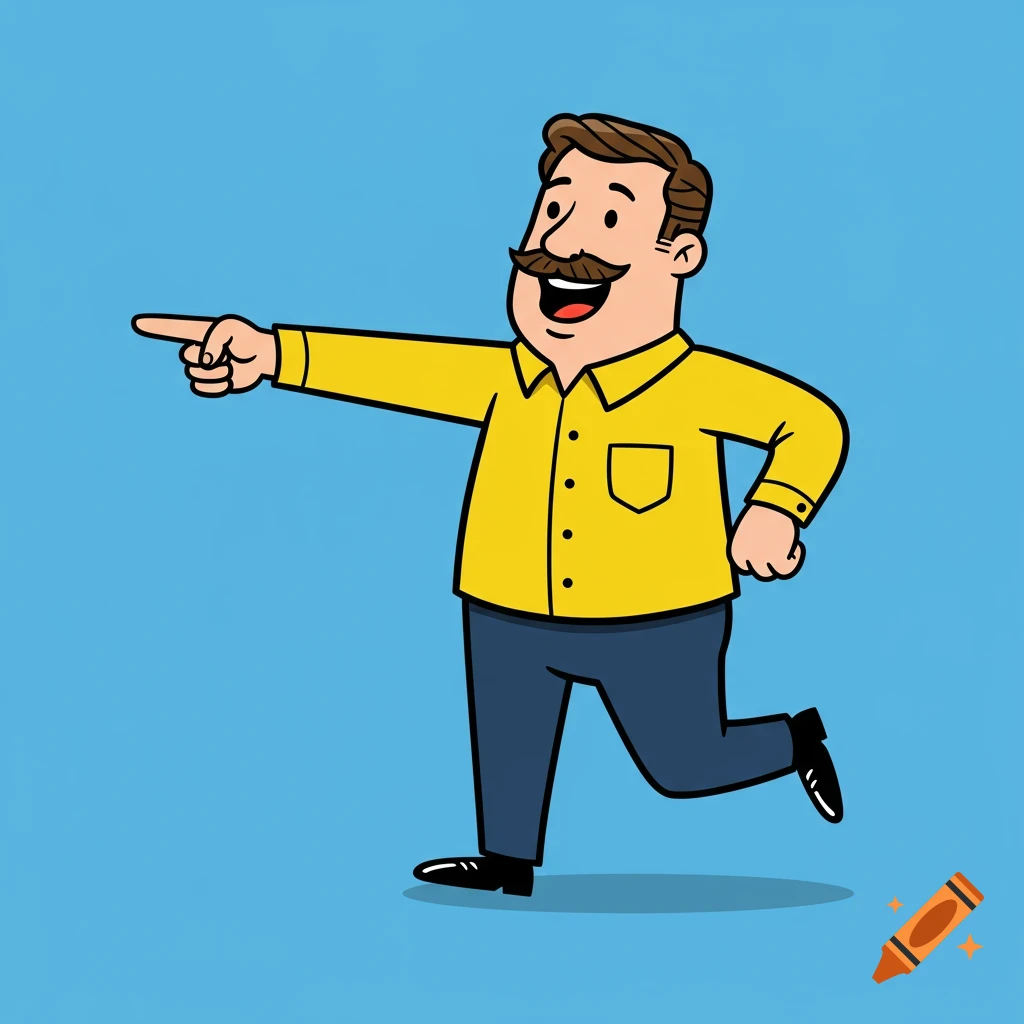 Cartoon man running and pointing left.