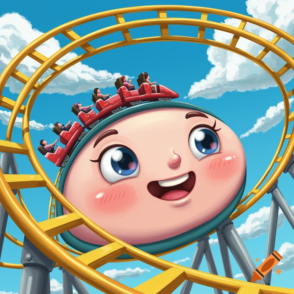Cartoon face on a roller coaster with people riding behind it under a blue sky.