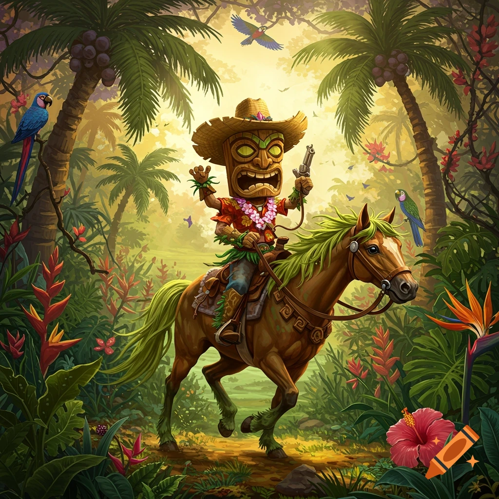 Illustration of a tiki character wearing a cowboy hat and riding a horse through a tropical jungle.