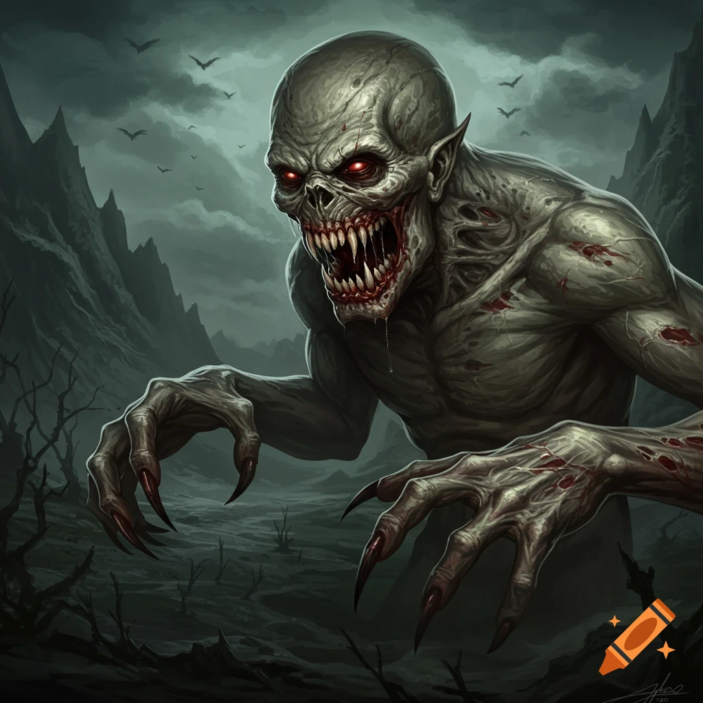 A grotesque monster with red eyes and sharp teeth is in a dark, desolate landscape with mountains and bats.