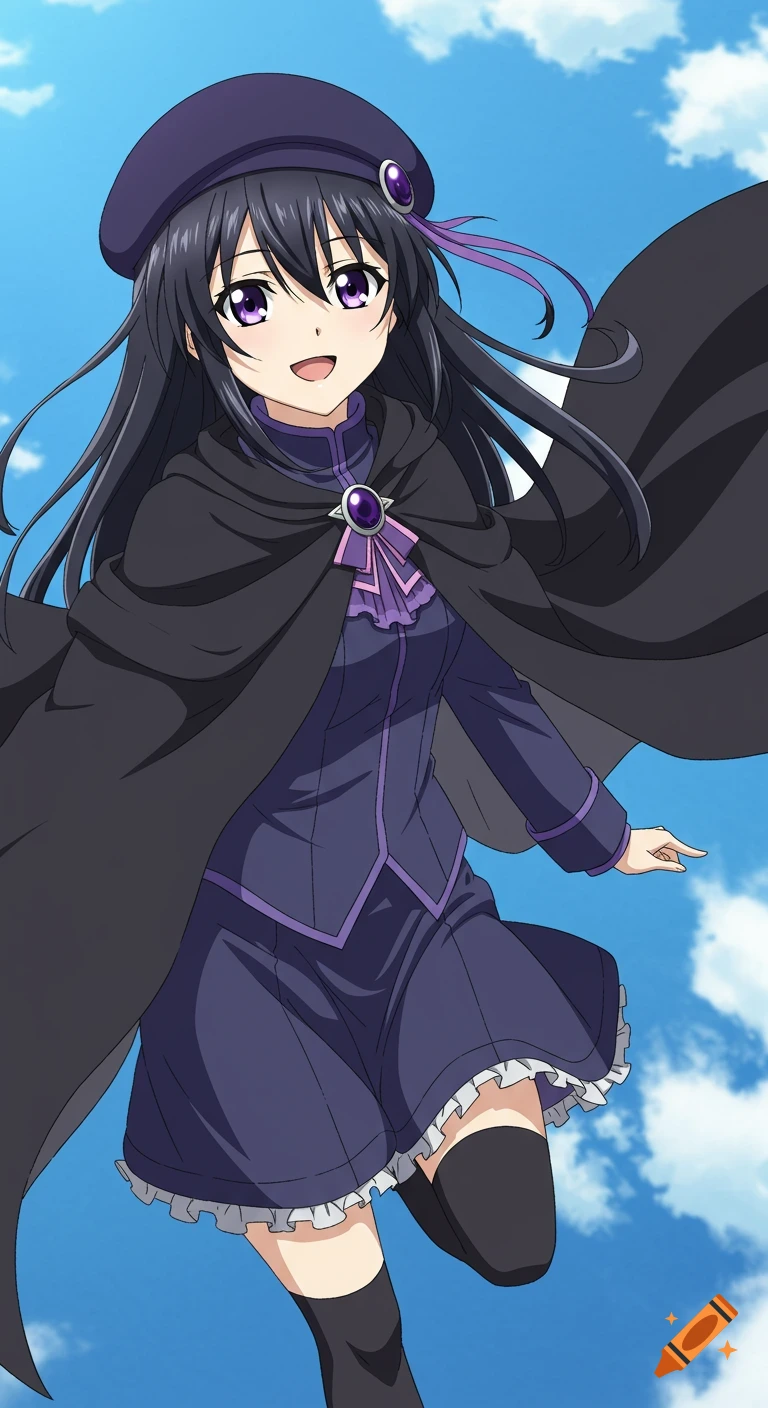 Anime girl with black hair, purple eyes, in a purple dress, beret, and black cloak, flying in the sky, anime illustration.
