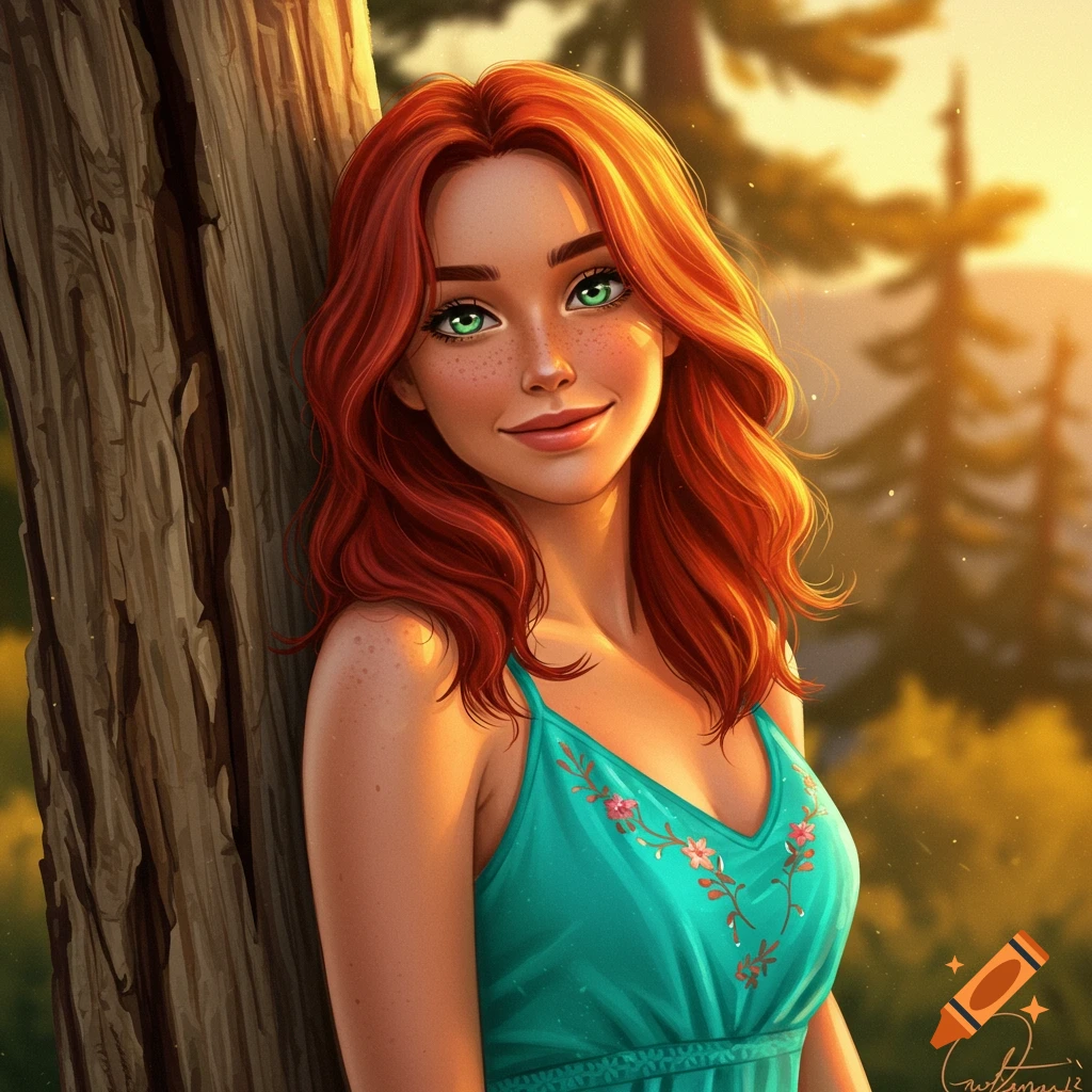 A woman with red hair and green eyes smiles against a tree in sunlight.