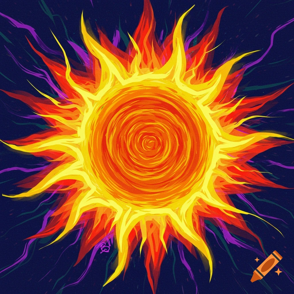 A vibrant, stylized sun with fiery rays and colorful tendrils against a dark background.