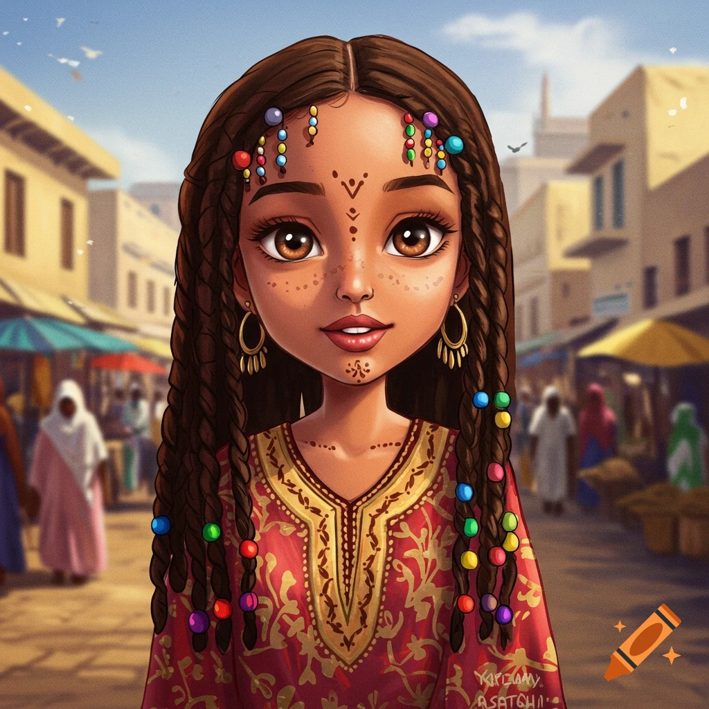 A young woman with braided hair and beads wears a red dress in a market.