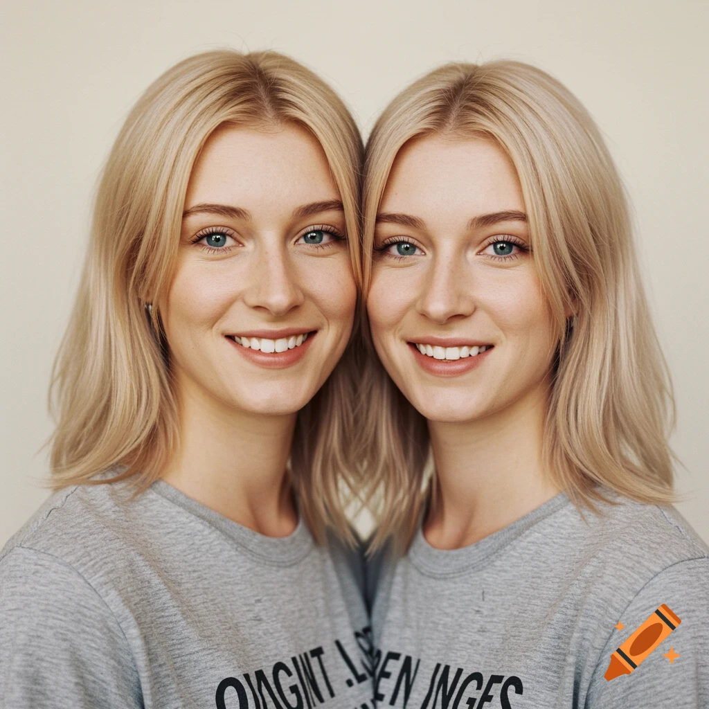 Portrait of two smiling blonde women who are identical twins, wearing grey t-shirts.