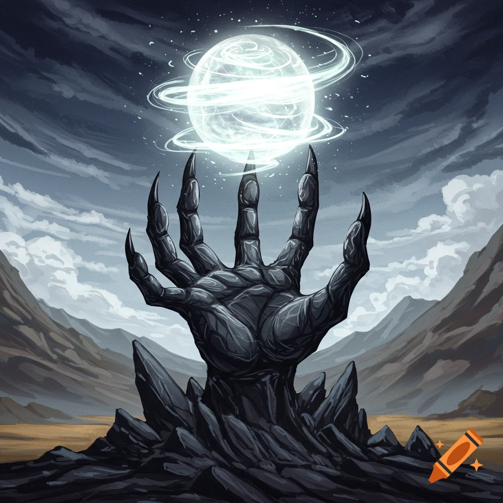 A large, dark, clawed hand rises from rocky ground holding a glowing orb in a fantasy landscape.
