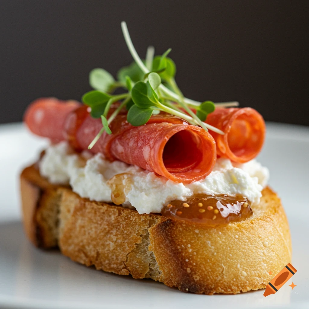 A close-up of a crispy crostini topped with whipped cheese, rolled pepperoni slices, microgreens, and fig jam.